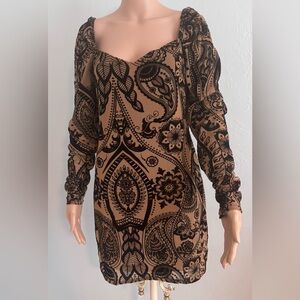 SHEIN ROMWE PUNK paisley print tan black dress L